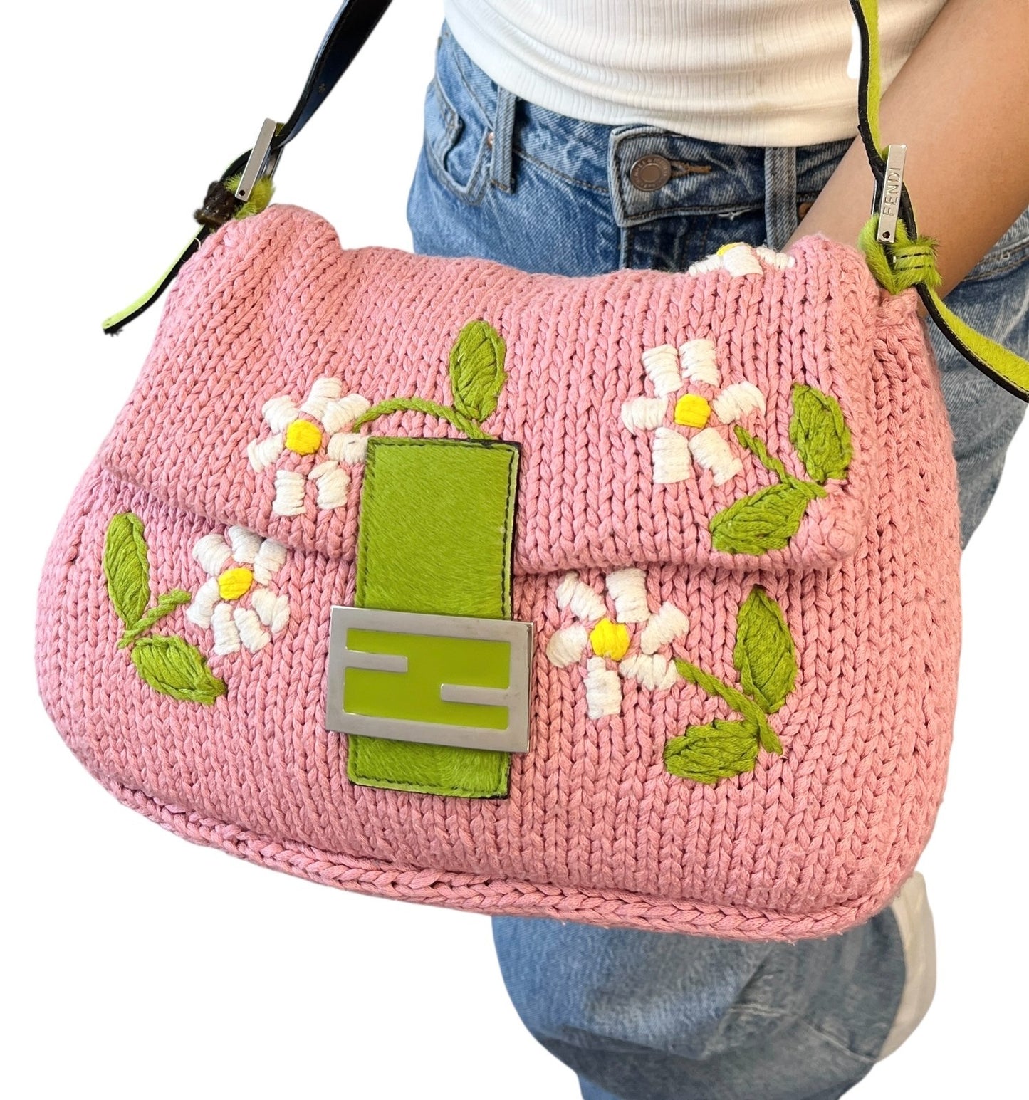 FENDI Vintage Mamma Baguette Crochet Shoulder Bag Flower Pink Wool 901957