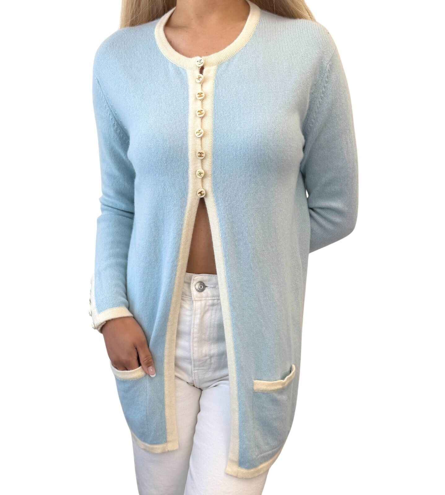 CHANEL Vintage 96C CC Logo Knit Cardigan #40 Sweater Light Blue Cashmere