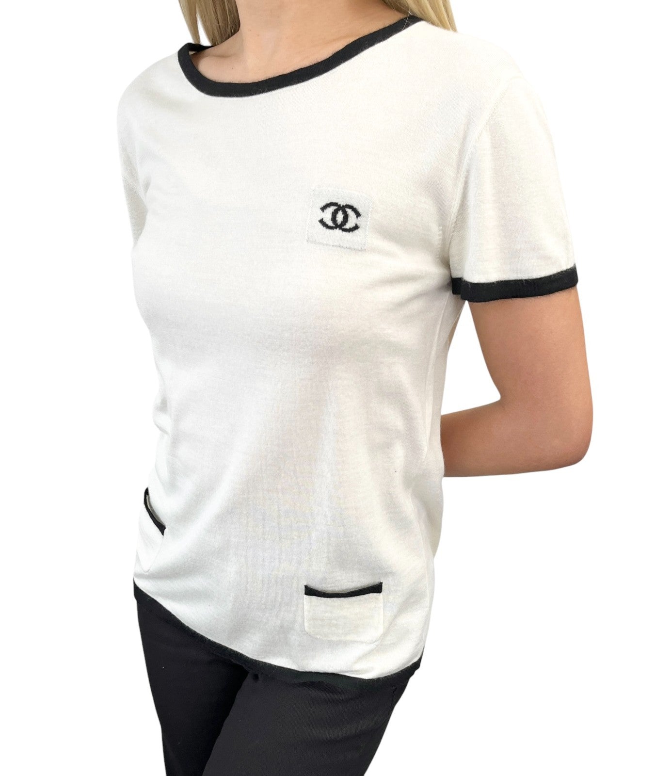 CHANEL Vintage 06C CC Logo Knit Pocket Top #38 Beige Black Cashmere 902578