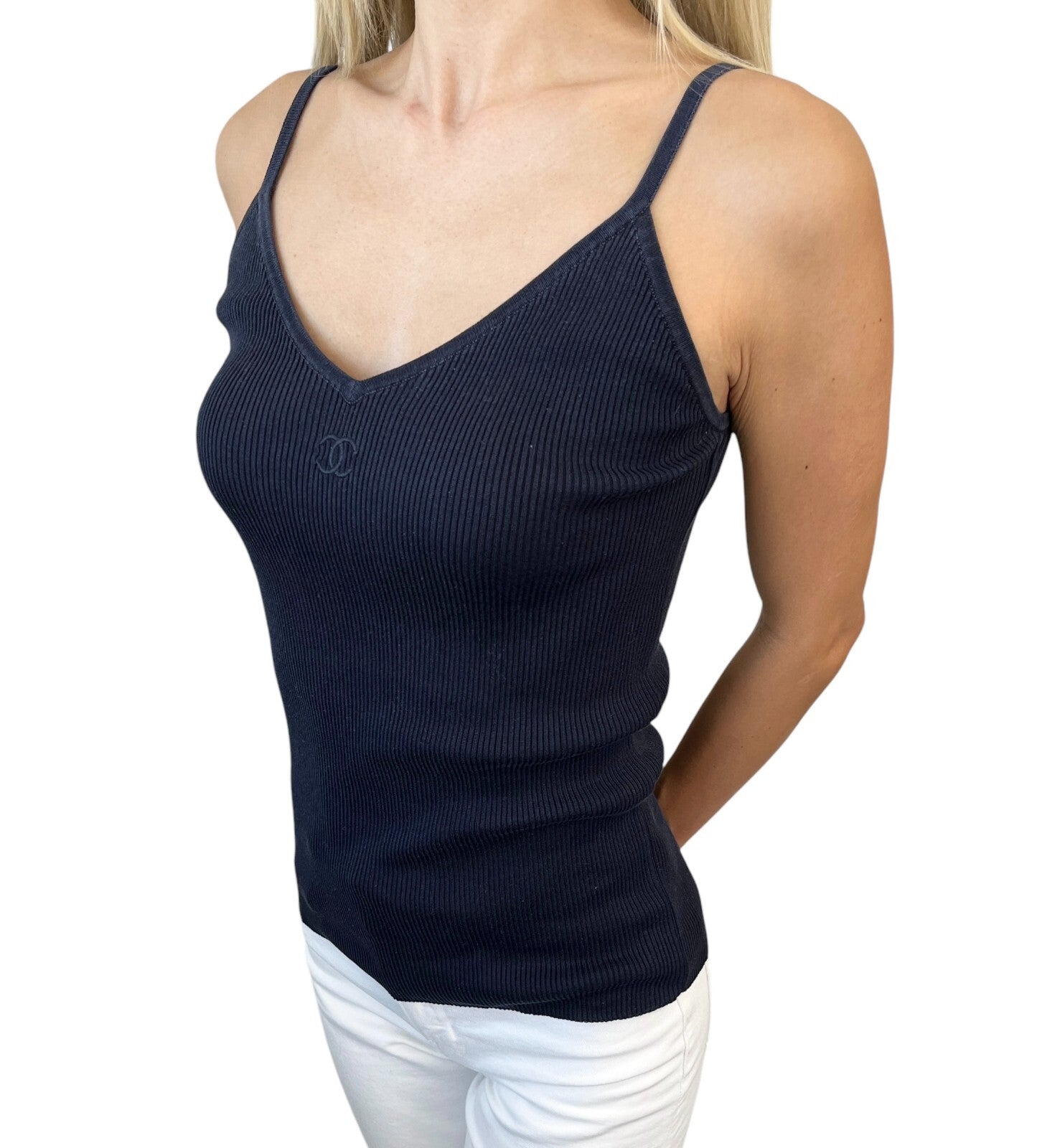 CHANEL Vintage CC Logo Camisole Top #40 Rib Knit Pullover Dark Blue Cotton