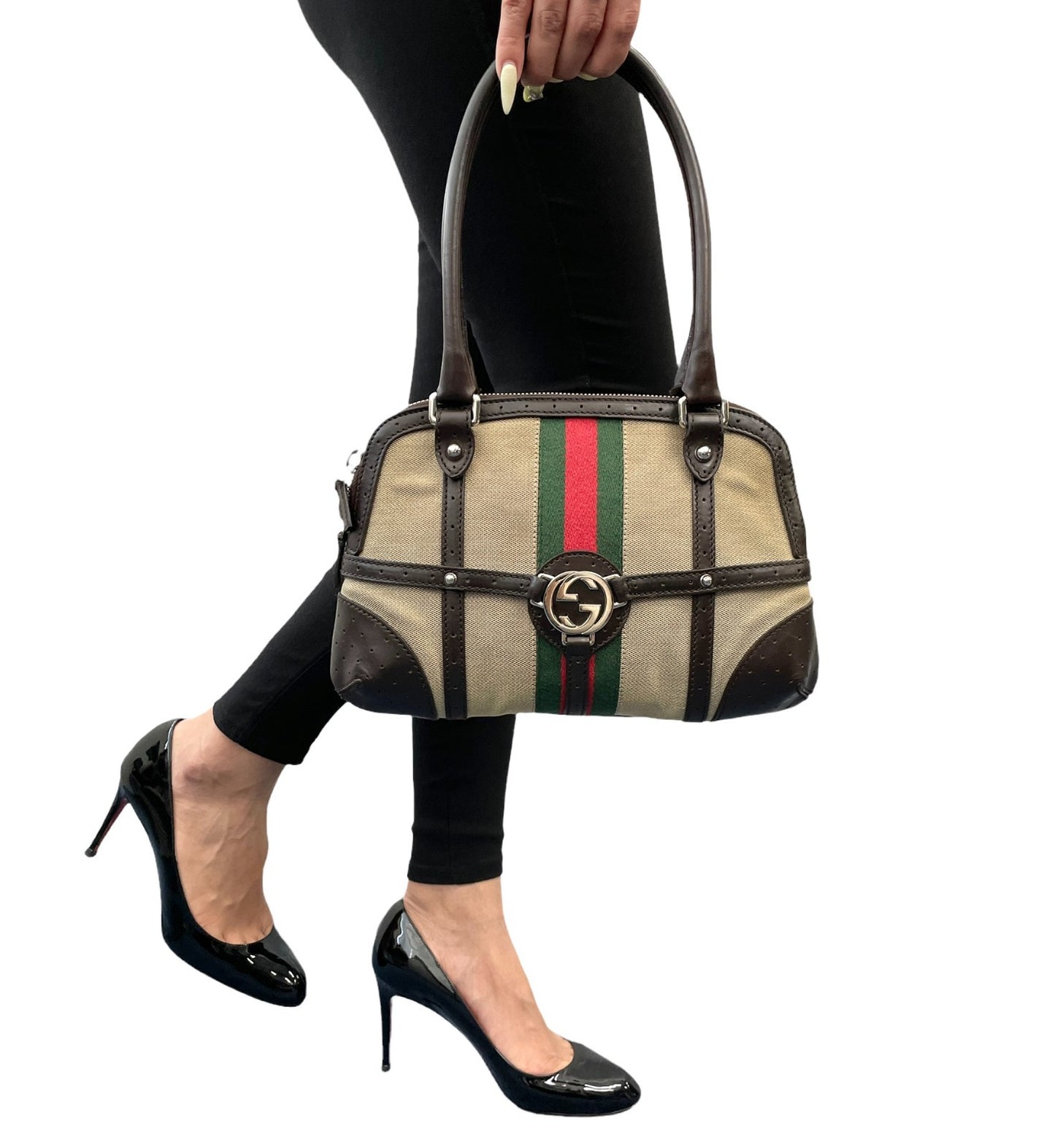 GUCCI Vintage GG Interlocking Web Stripe Canvas Shoulder Bag Beige Brown 901803