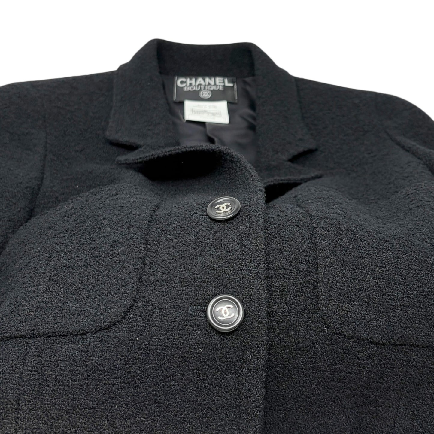 CHANEL Vintage 96P CC Logo Button Cropped Blazer Jacket #38 Black Silver