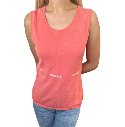 CHANEL Vintage 04P CC Logo Knit Tank Top #40 Sleeveless Top Orange Cotton