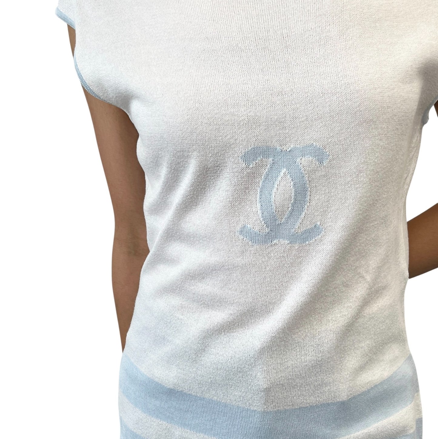 CHANEL Vintage 00S CC Logo Knit Tank Top #42 Sleeveless Blue White 901947