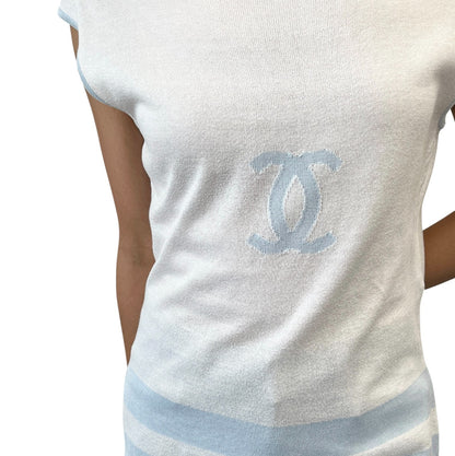 CHANEL Vintage 00S CC Logo Knit Tank Top #42 Sleeveless Blue White 901947