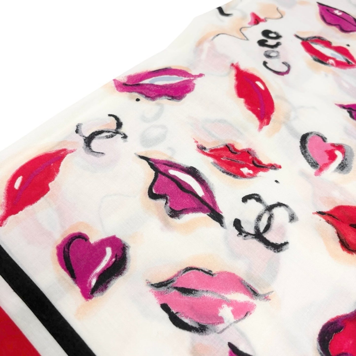 CHANEL Vintage CC Logo Lip Big Scarf Wrap Pareo White Multicolor Cotton