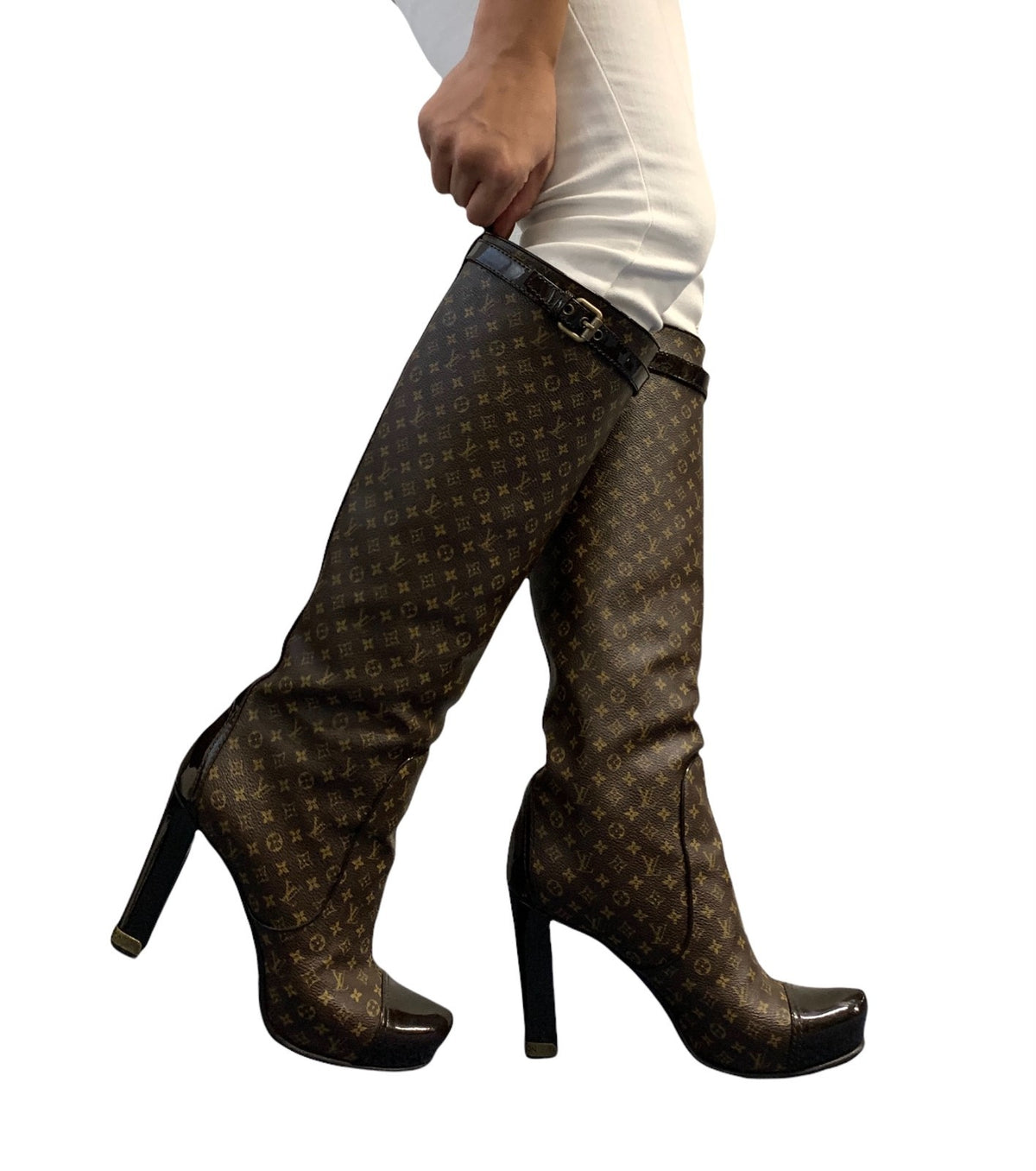 LOUIS VUITTON Vintage LV Monogram Long Boots #37-37.5 Heels Brown Black 902463