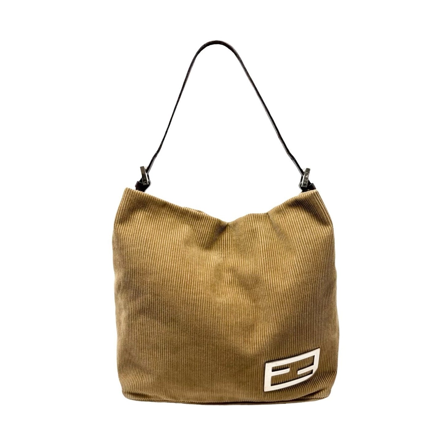 FENDI Vintage FF Logo Corduroy Pochette Shoulder Bag Beige Silver Brown 901847