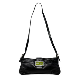 FENDI Vintage FF Logo Mamma Baguette Cross Body Bag Black Green Leather Rank AB