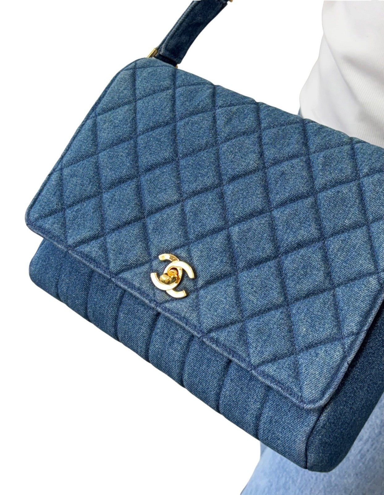 CHANEL Vintage CC Logo Quilted Denim Flap Shoulder Bag Blue Gold 901873