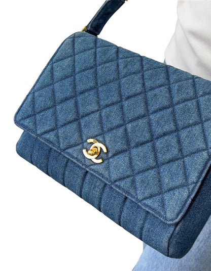 CHANEL Vintage CC Logo Quilted Denim Flap Shoulder Bag Blue Gold 901873