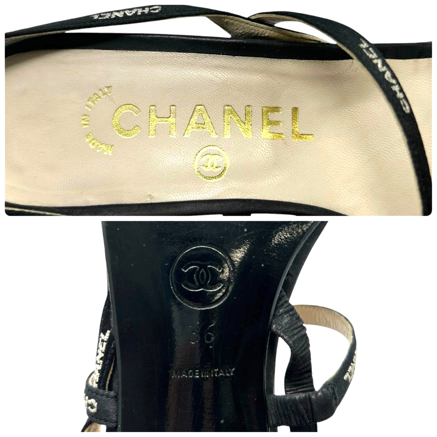 CHANEL Vintage 96C Logo Satin Ribbon Sandals Heels #36 Black White Satin Strap