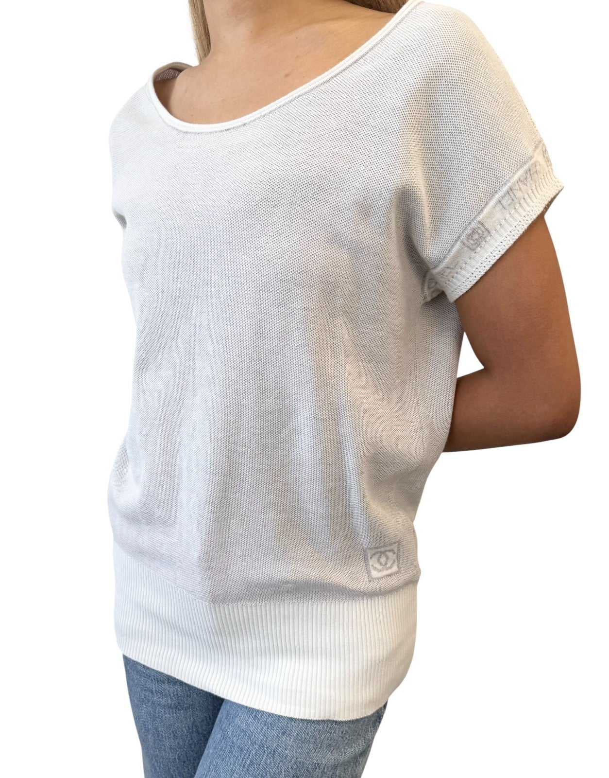CHANEL Sport Vintage 08P CC Mark Logo Knit T-shirt Top #38 Gray White Cotton