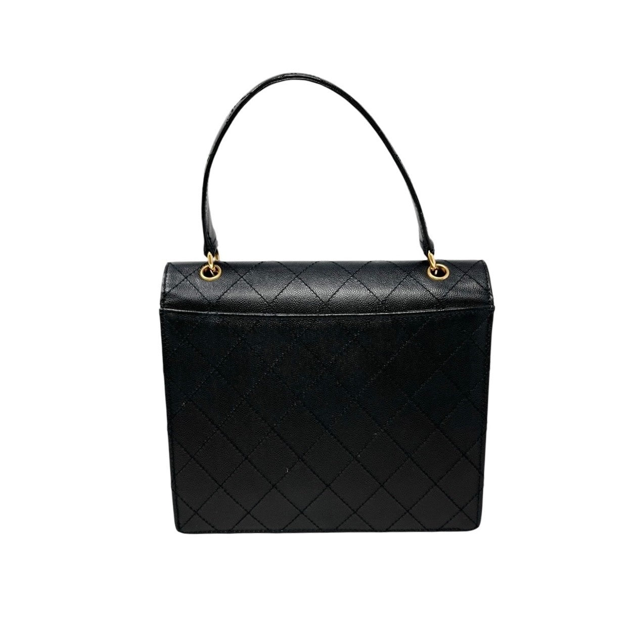 CHANEL Vintage CC Logo Turnlock Quilted Top Handle Bag Black Gold Leather