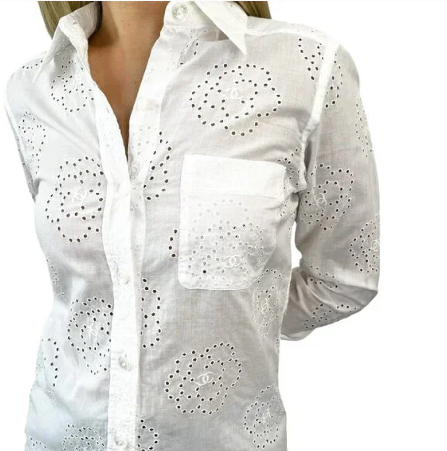 CHANEL Vintage 08P CC Logo Mark Camellia Blouse Shirt #36 Top White Cotton