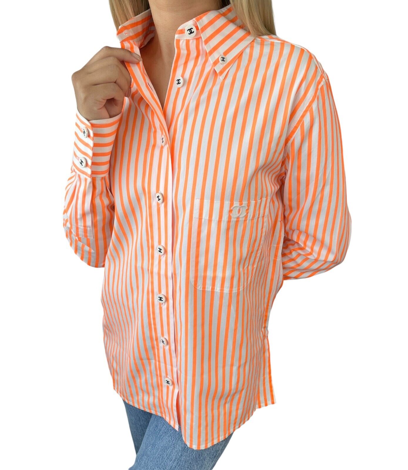 CHANEL Vintage P04044 CC Mark Logo Stripe Shirt Top #40 Orange Cotton Rank AB