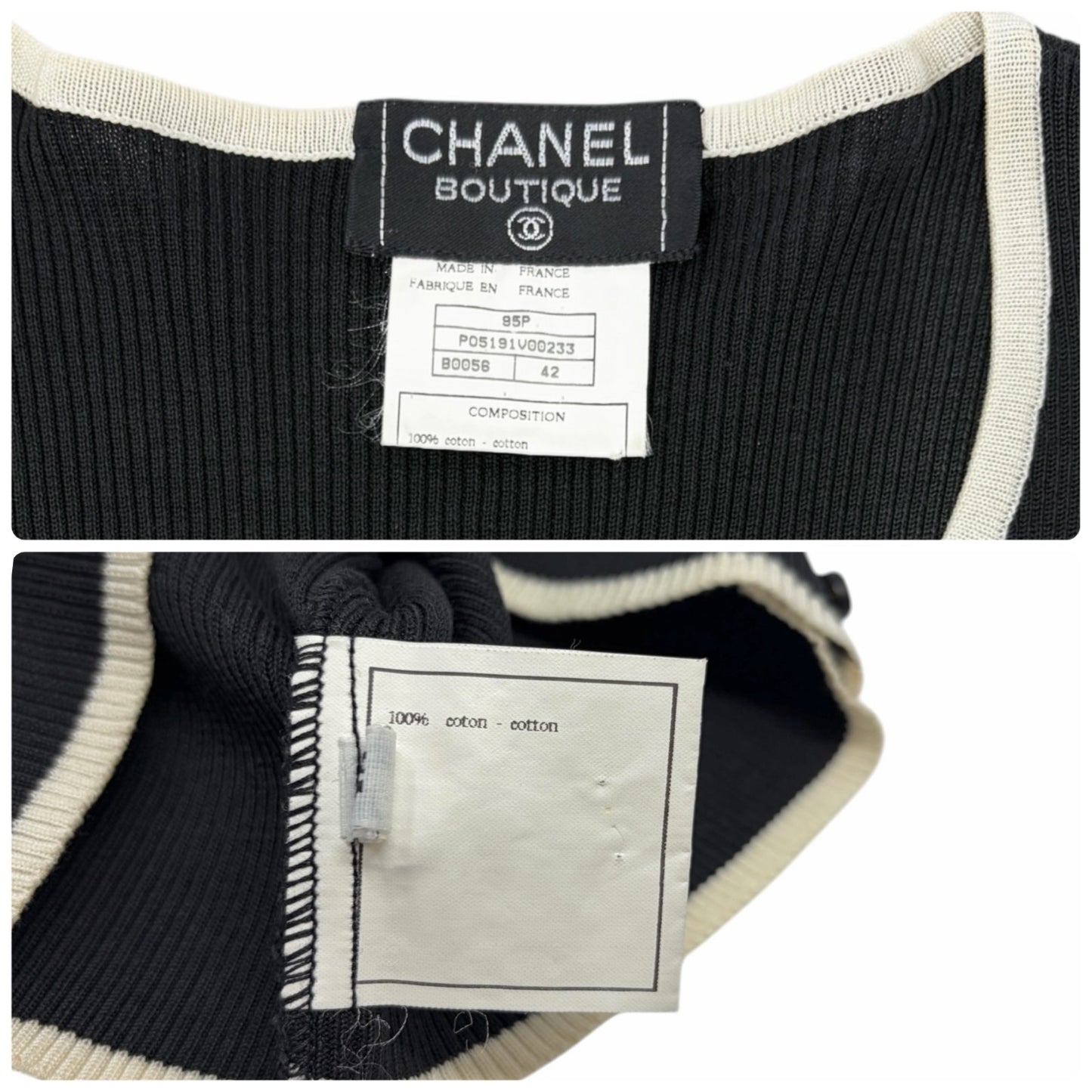 CHANEL Vintage 95P CC Logo Button Knit Cropped Ribbed T-shirt Top #42 Black