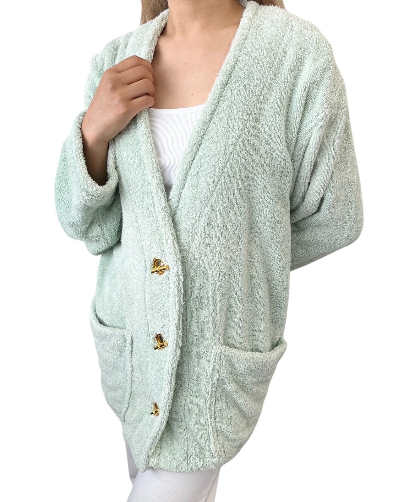 HERMES Vintage Logo Echapee Toggle Button Bathrobe #XS Green Cotton Terry Cloth