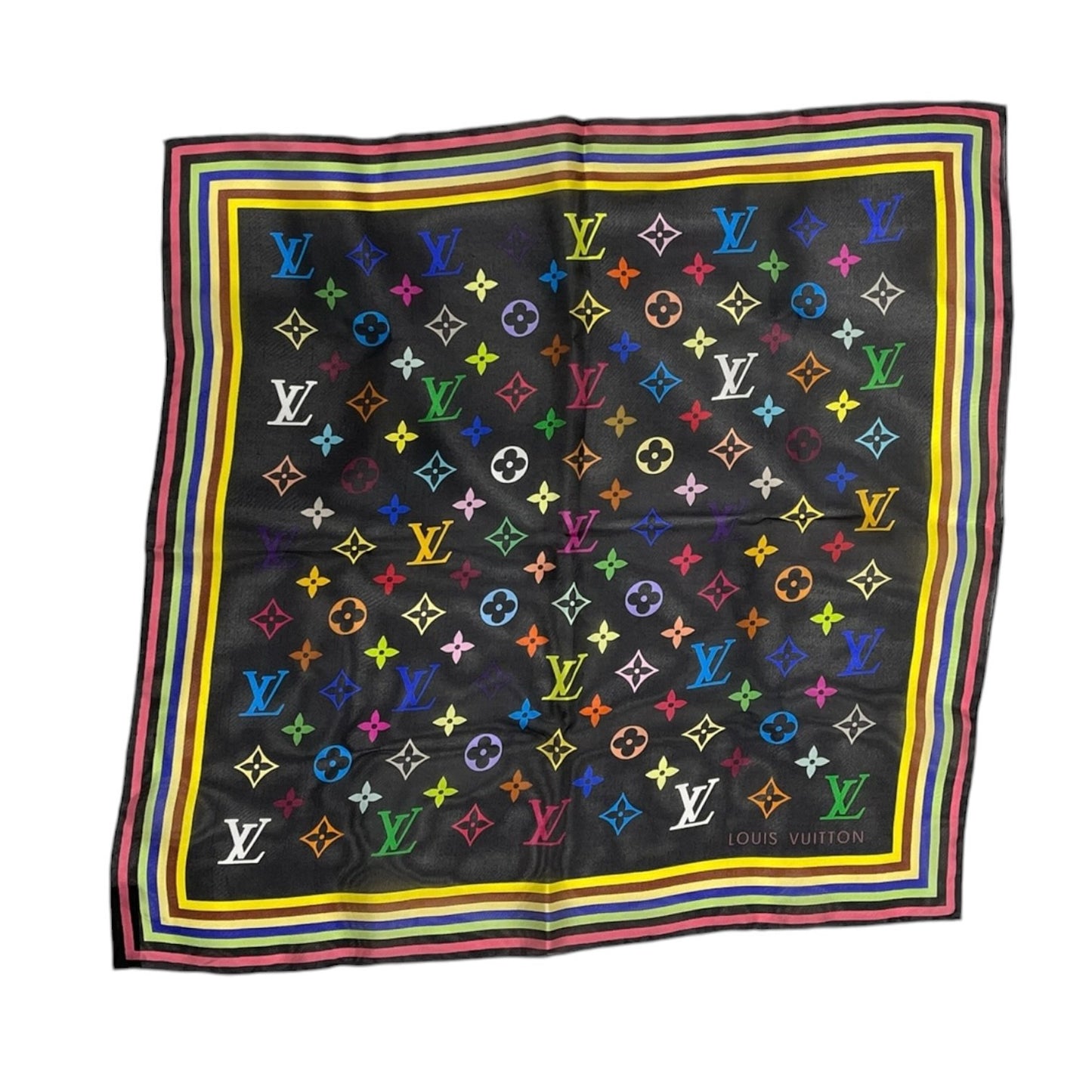 LOUIS VUITTON Vintage LV Logo Monogram Multicolor Scarf Wrap Black Silk 902226