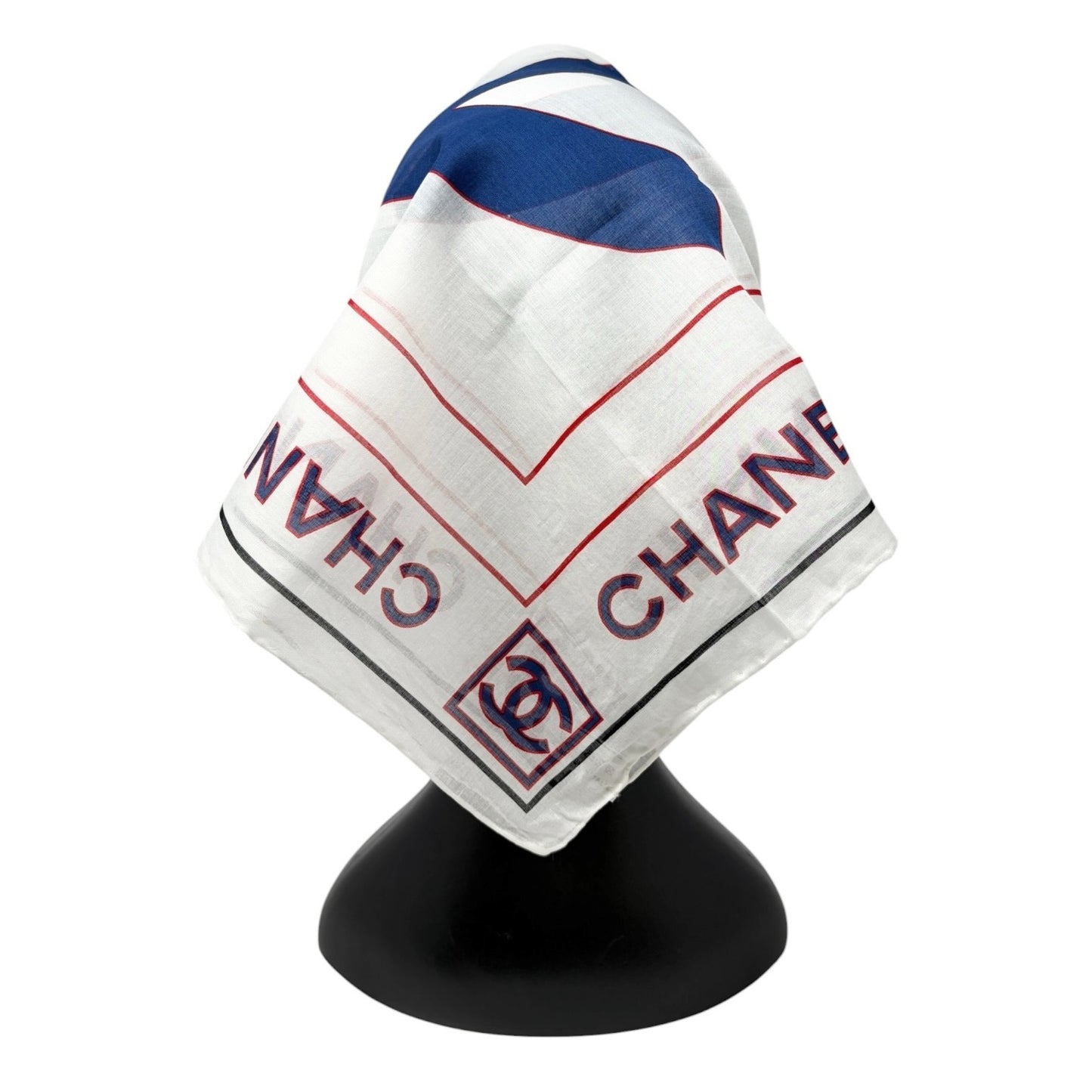 CHANEL Vintage Big CC Logo Scarf Wrap Headscarf White Blue Cotton 902009