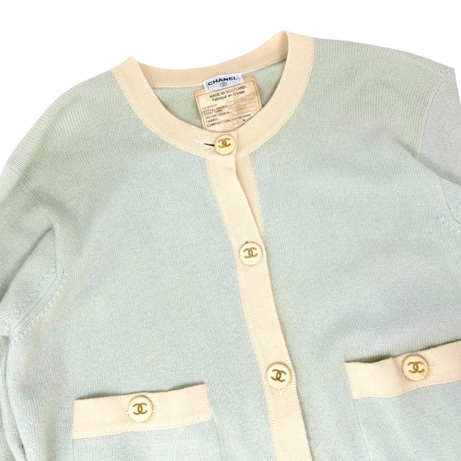 CHANEL Vintage 94C CC Button Trimmed Cashmere Cardigan Knit Top #40 Mint Green