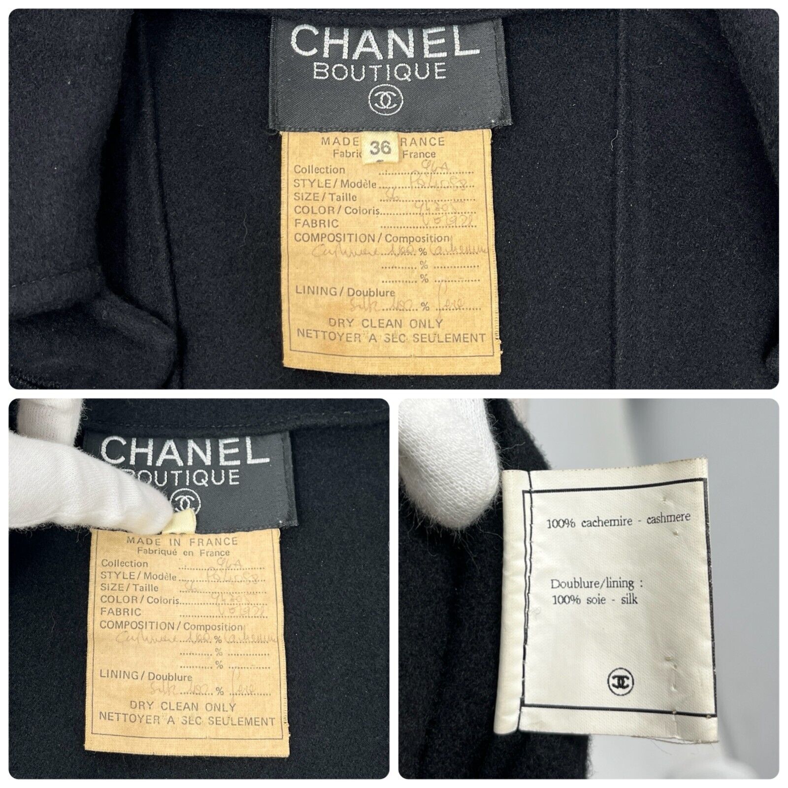 CHANEL Vintage 94A CC Logo Long Jacket Coat #36 Button Black Gold Cashmere