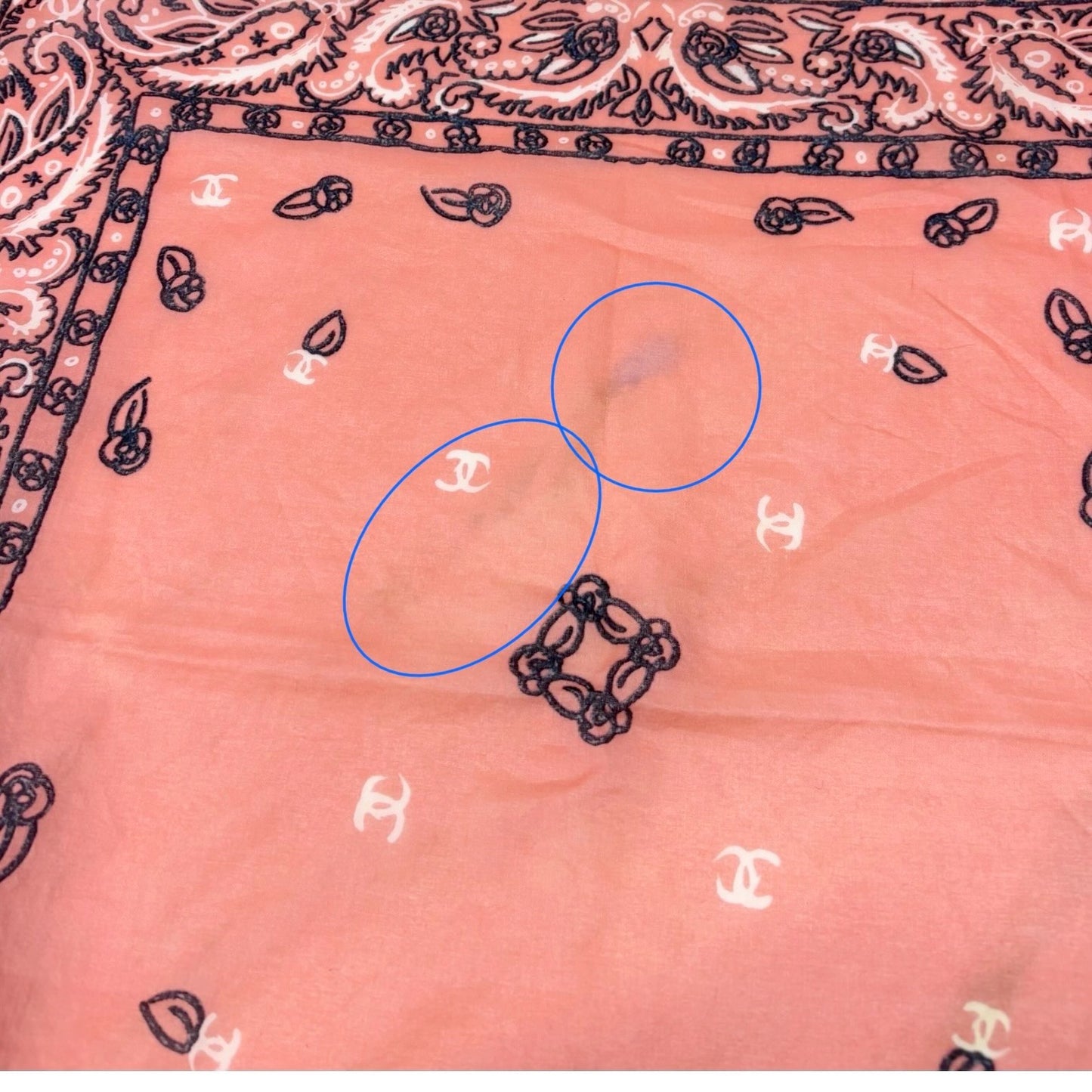 CHANEL Vintage CC Logo Paisely Print Scarf Salmon Pink Black Cotton 901810