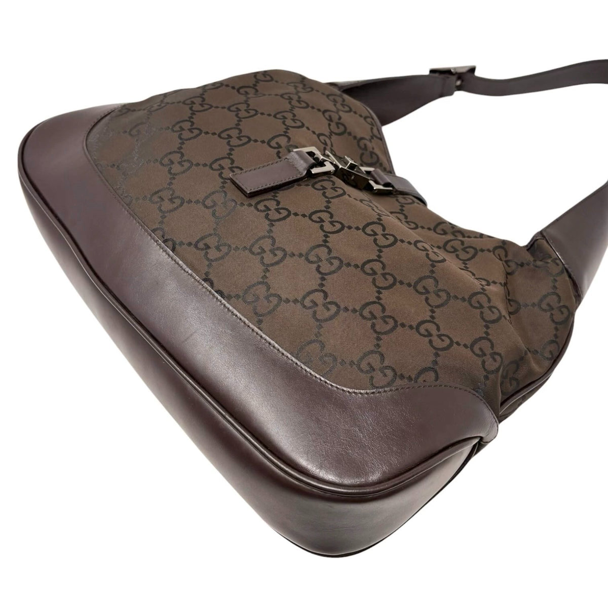 GUCCI Vintage Logo Jackie Shoulder Bag Dark Brown Silver Canvas Leather 902341