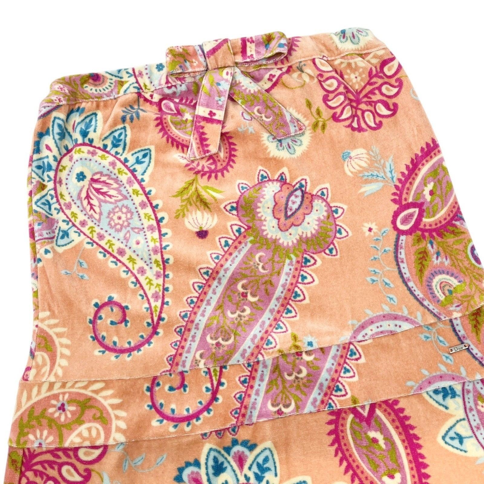 Christian Dior Vintage Velour Dress #40 One-Piece Paisley Ribbon Pink Cotton