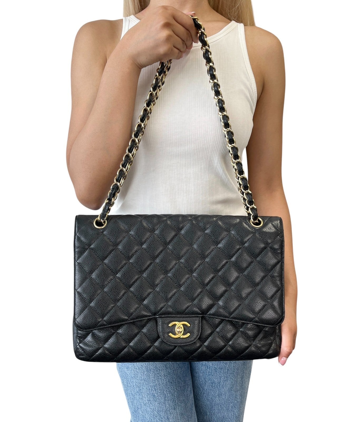 CHANEL Vintage CC Turnlock Quilted Chain Shoulder Bag Black Gold Leather 902228