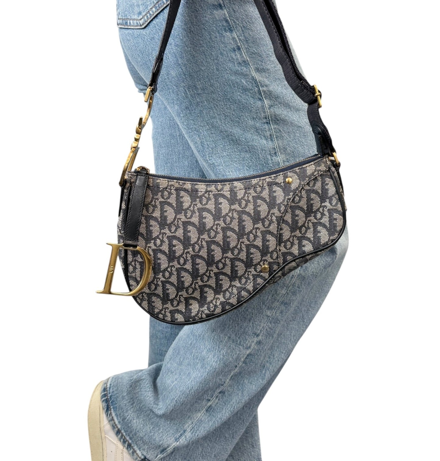 Christian Dior Vintage 2004 Trotter Monogram Saddle Bag Dark Blue Gold Canvas
