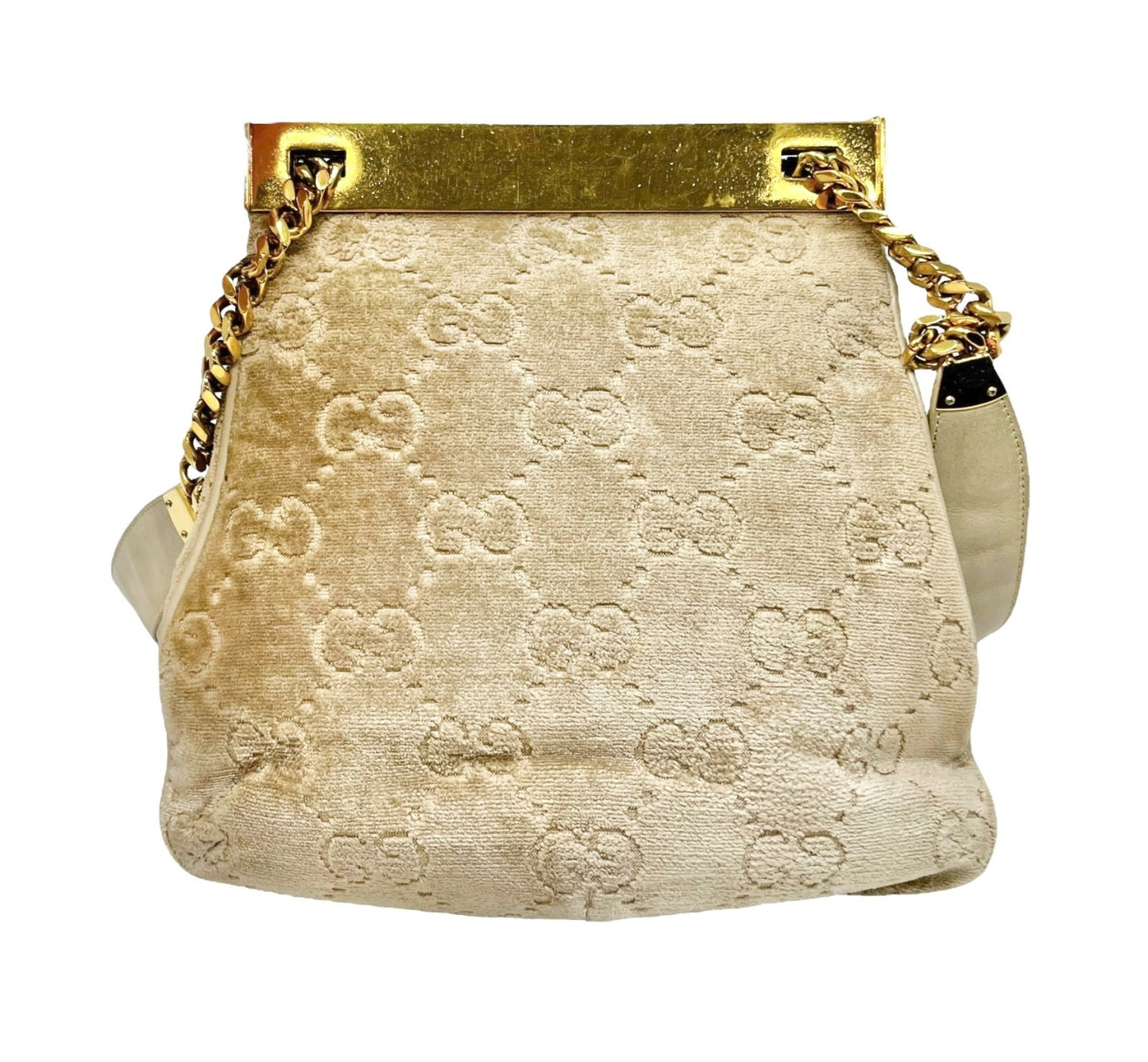 GUCCI Vintage GG Monogram Logo Shoulder Bag Crossbody Cream Gold Velour Leather