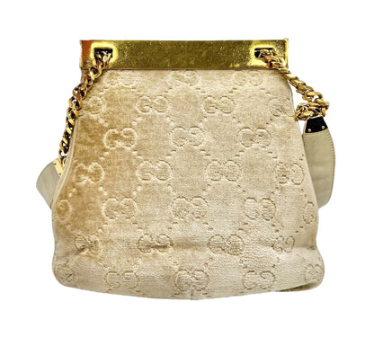 GUCCI Vintage GG Monogram Logo Shoulder Bag Crossbody Cream Gold Velour Leather