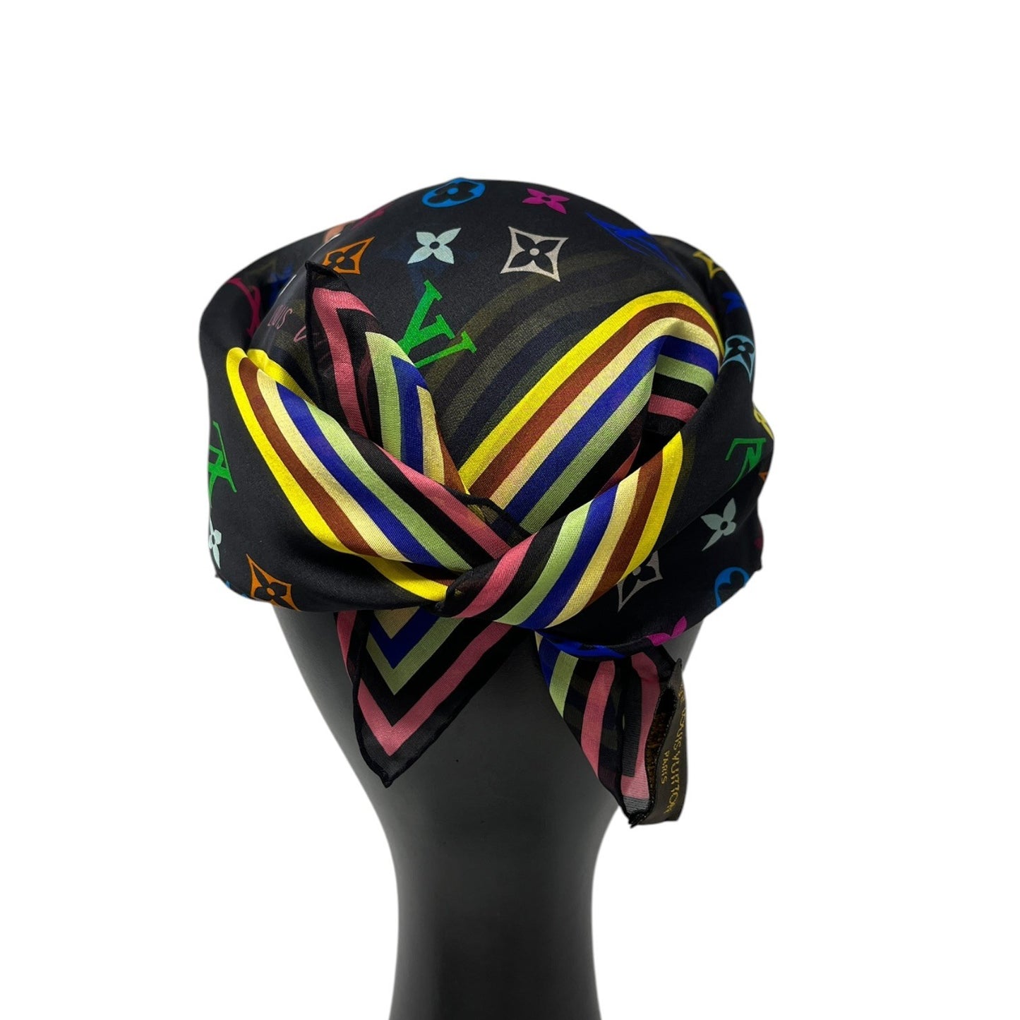 LOUIS VUITTON Vintage LV Logo Monogram Multicolor Scarf Wrap Black Silk 902226