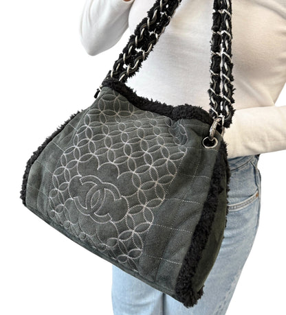 CHANEL Vintage Shearling Fur Shoulder Bag Pouch Mouton Black Chain CC Suede