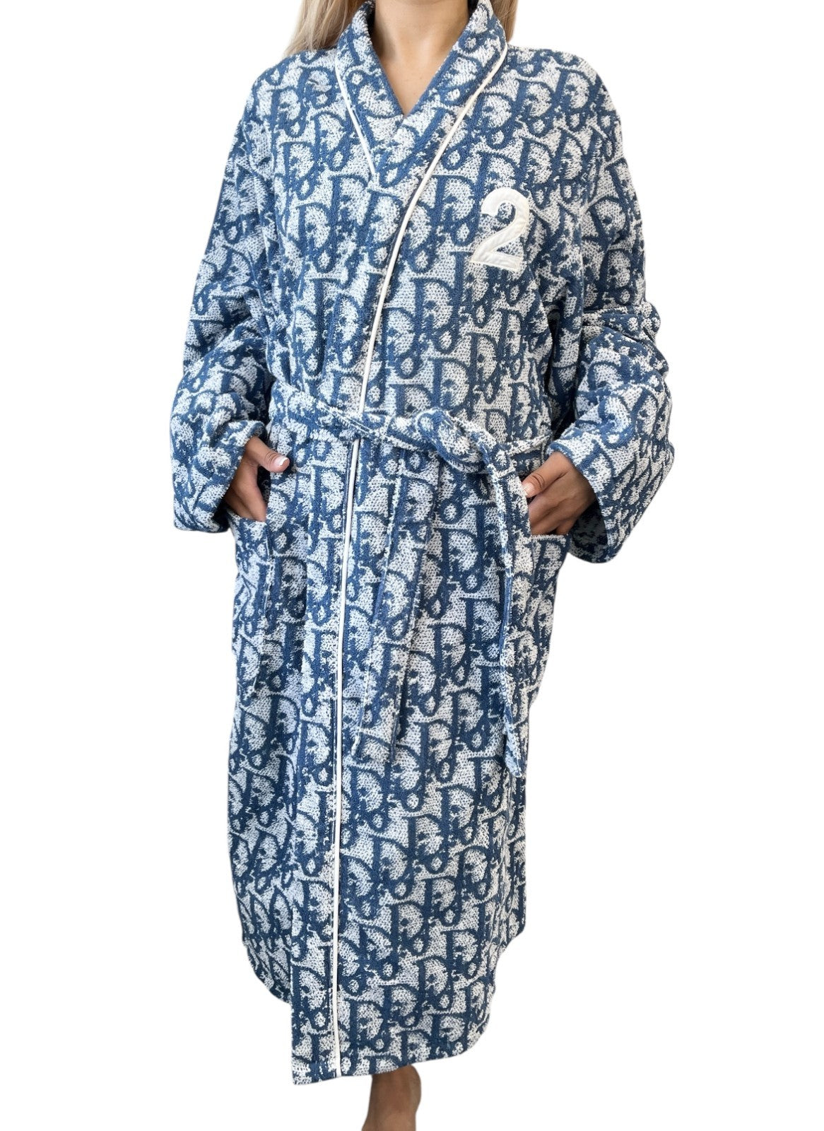 Christian Dior Vintage Trotter Monogram Logo Bathrobe #L Terry Cloth Blue White
