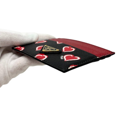 PRADA Vintage Triangle Logo Heart Wallet Card Holder Black Red Leather 902284