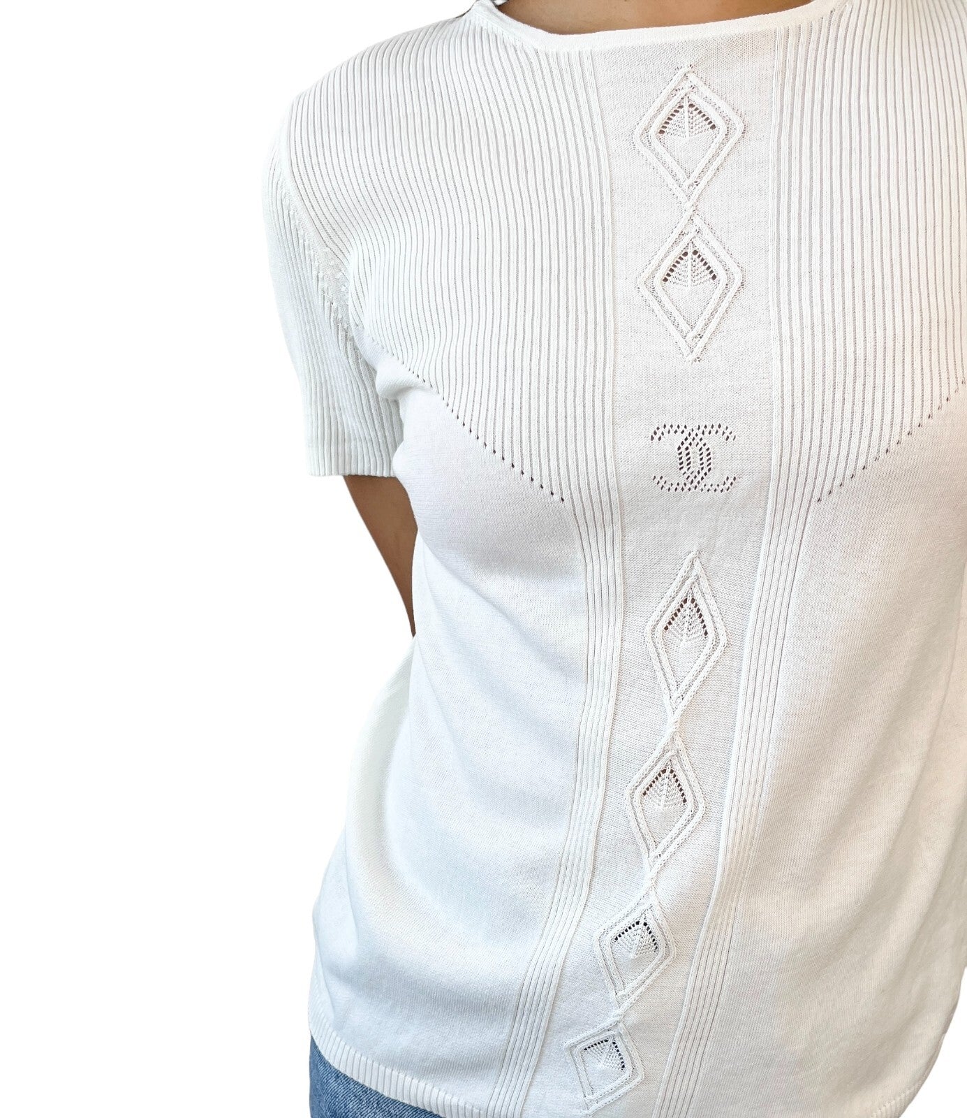 CHANEL Vintage 05P CC Logo Ribbed Knit Top #34 Short Sleeve White Cotton