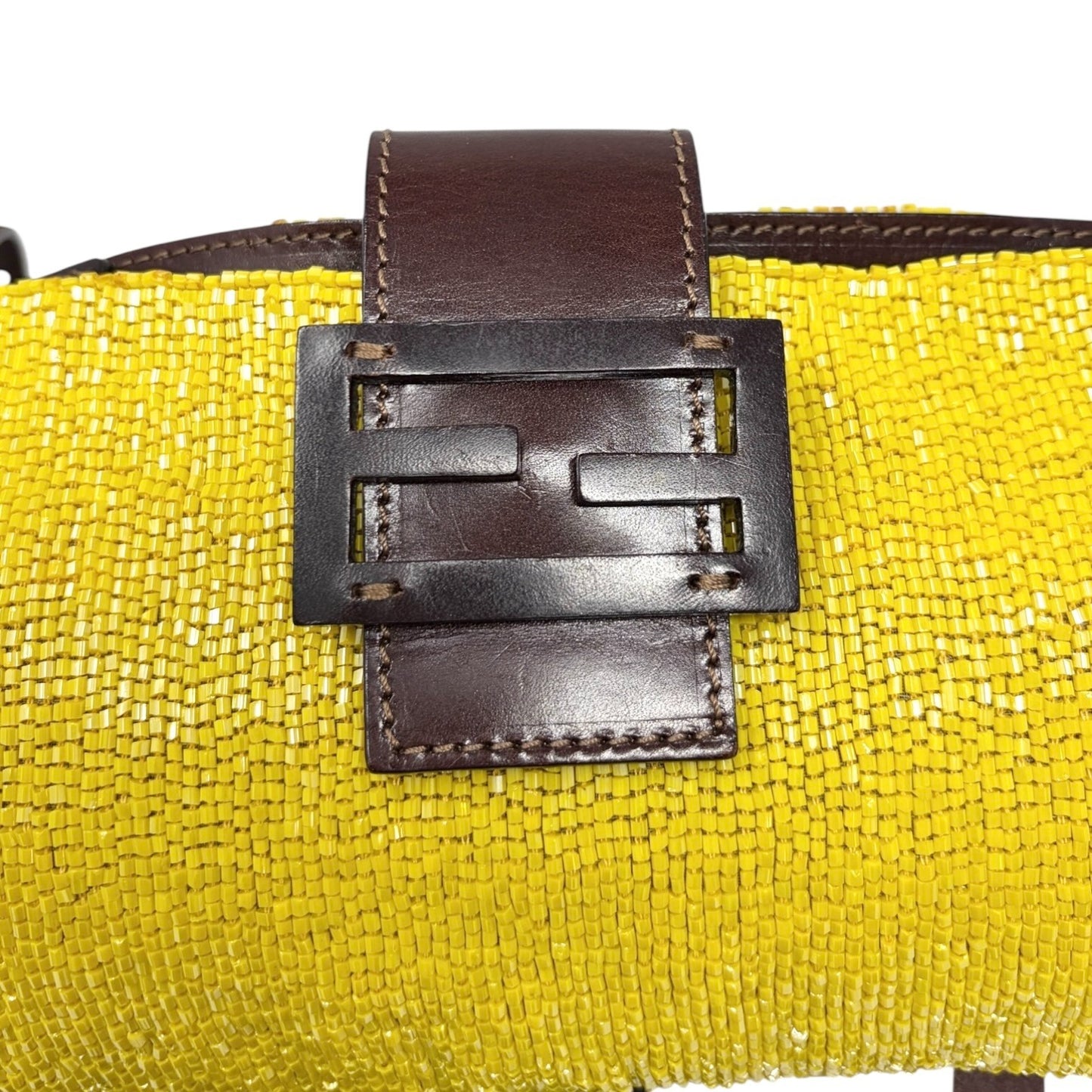 FENDI Vintage FF Logo Beads Mamma Baguette Crossbody Shoulder Bag Yellow Brown