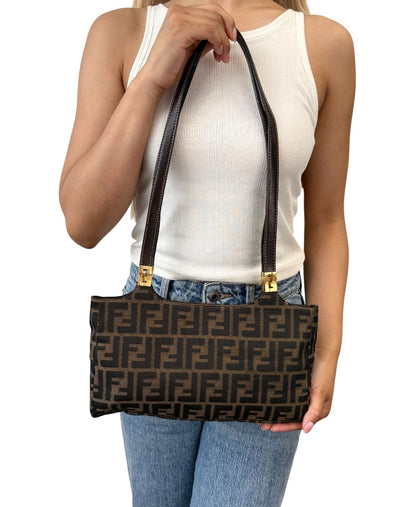 FENDI Vintage FF Zucca Monogram Canvas Shoulder Bag Brown Gold Leather 902063