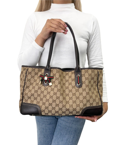 GUCCI Vintage GG Monogram Web Stripe Ribbon Tote Shoulder Bag Brown 902465