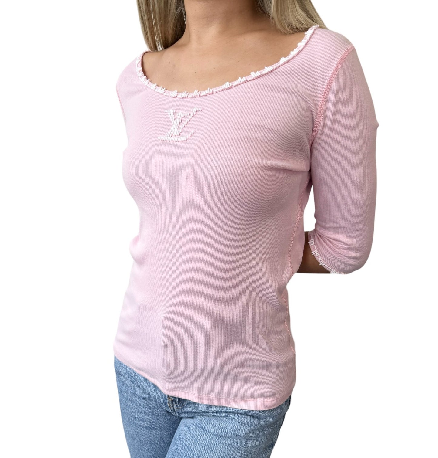 LOUIS VUITTON Vintage LV Logo 3/4 Sleeve Top #M Pink White Cotton Beads
