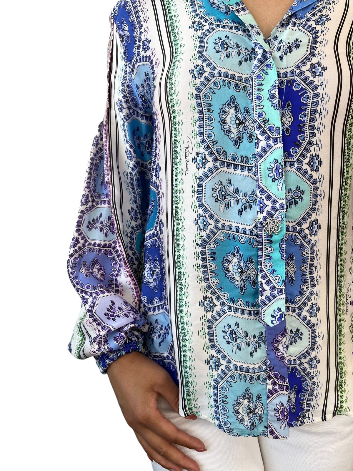 Roberto Cavalli Vintage Shirt Top #38 Rhinestone Button Blue Purple Silk RankAB