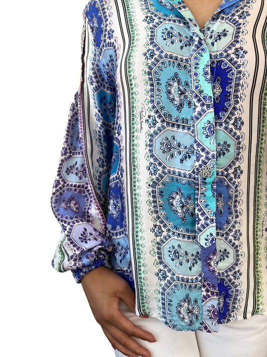 Roberto Cavalli Vintage Shirt Top #38 Rhinestone Button Blue Purple Silk RankAB