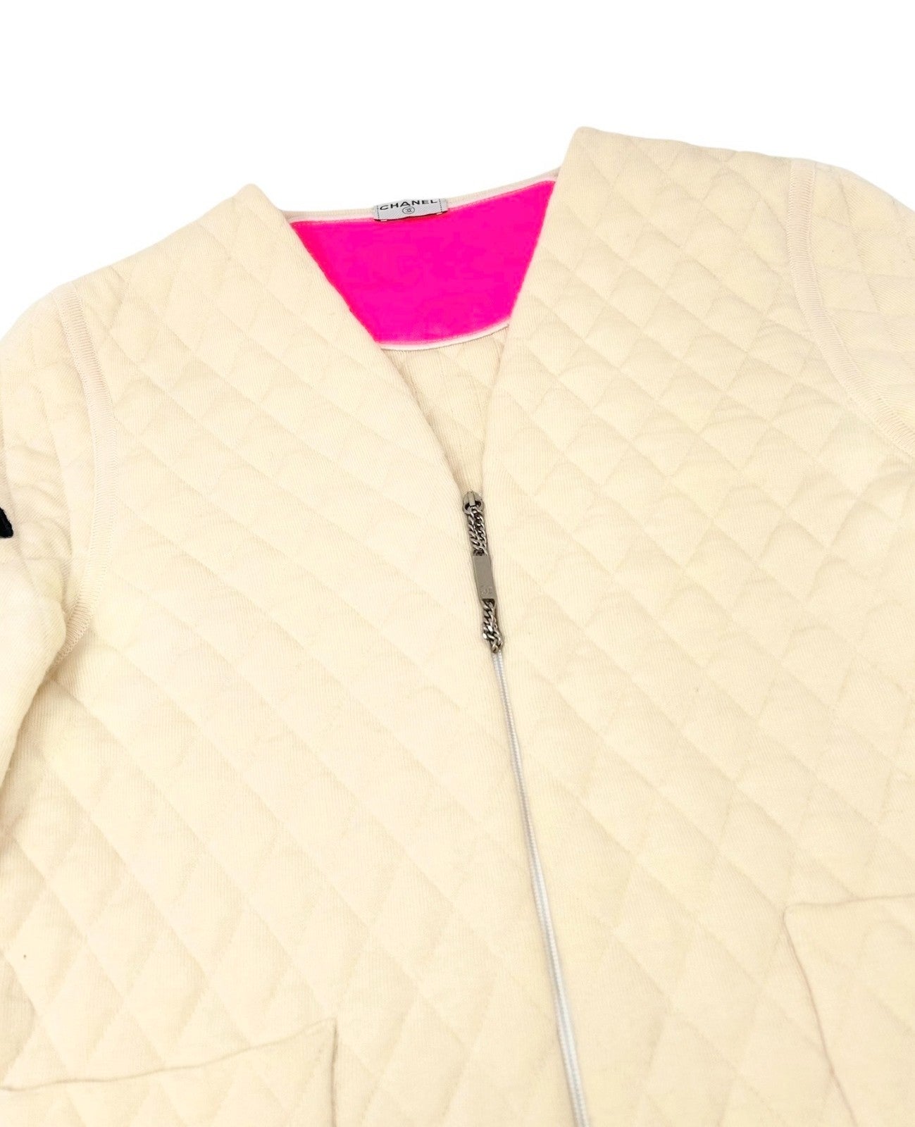 CHANEL Vintage 05A CC Logo Cambon Quilted Jacket #38 Zip Pocket Cream Wool