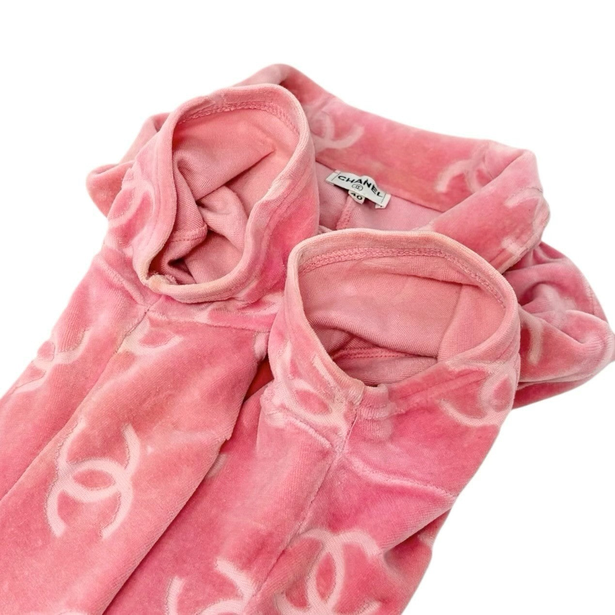 CHANEL Vintage 96A CC Logo Snap Button Velour Shirt Top #40 Pink Cotton