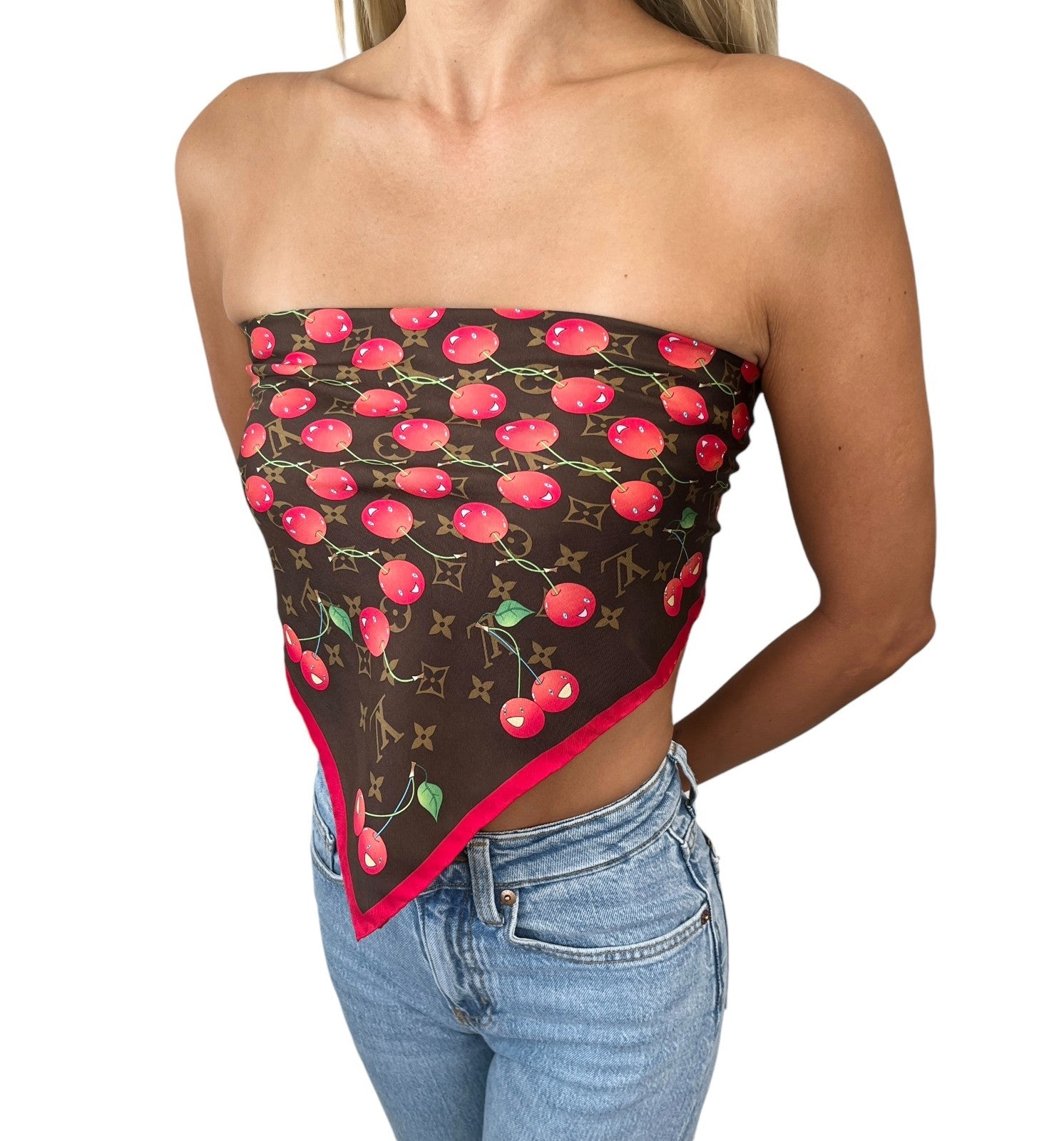 LOUIS VUITTON Vintage LV Logo Monogram Cherry Scarf Brown Red Silk Murakami