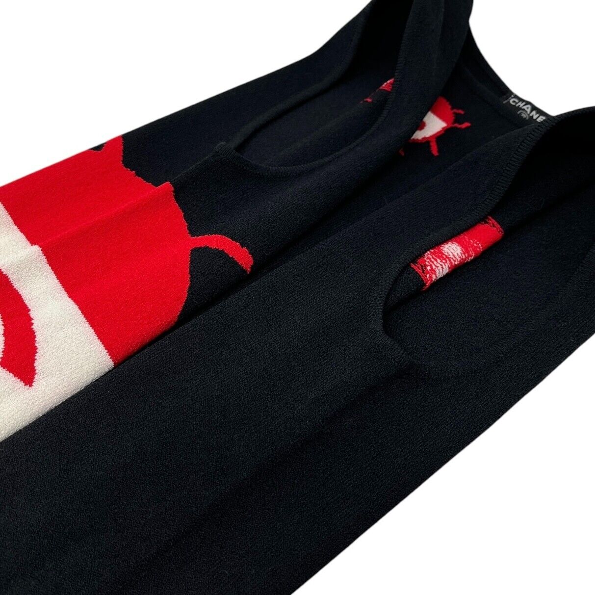 CHANEL Vintage 04P CC Mark Logo Ladybugs Knit Tank Top #38 Black Red Rayon