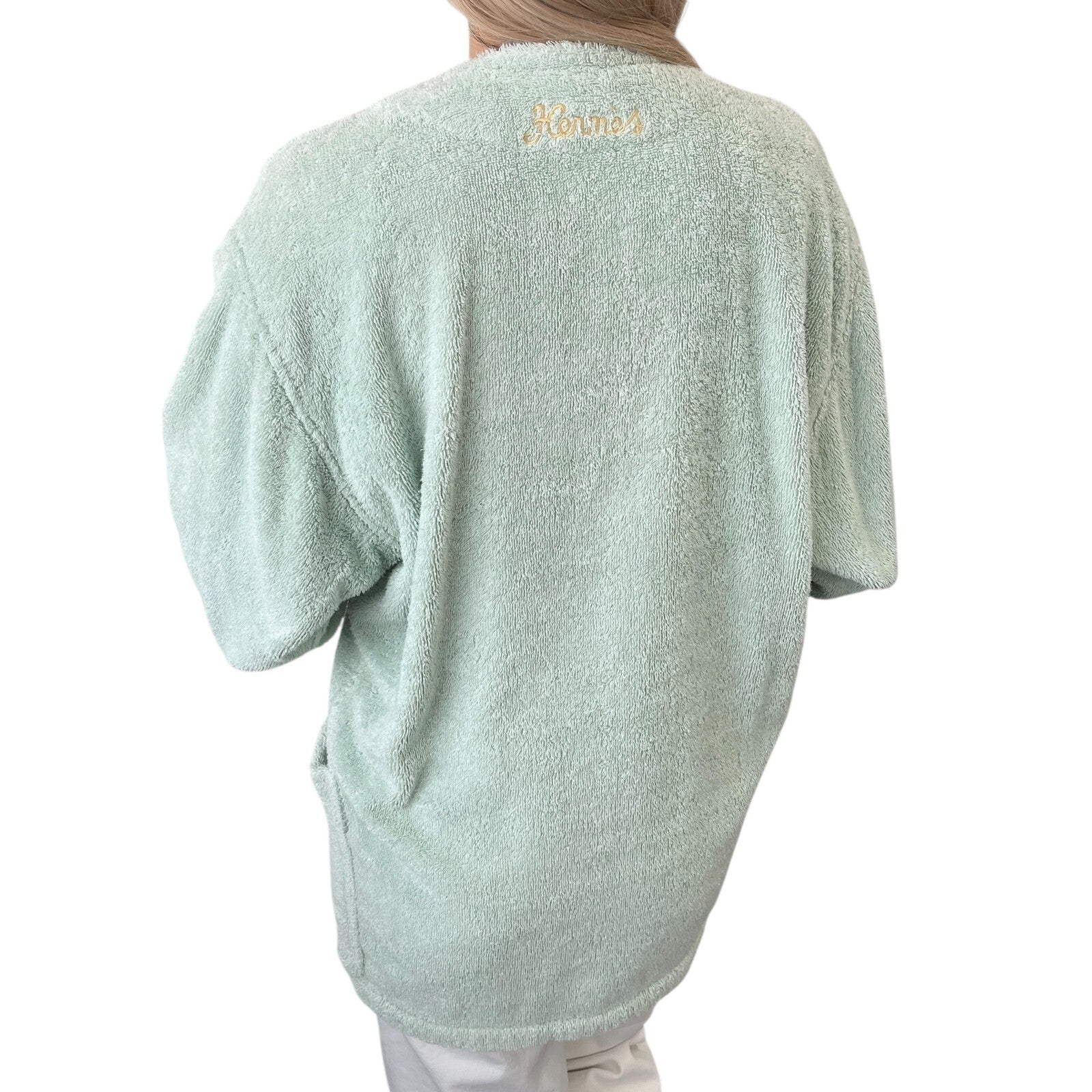 HERMES Vintage Logo Echapee Toggle Button Bathrobe #XS Green Cotton Terry Cloth
