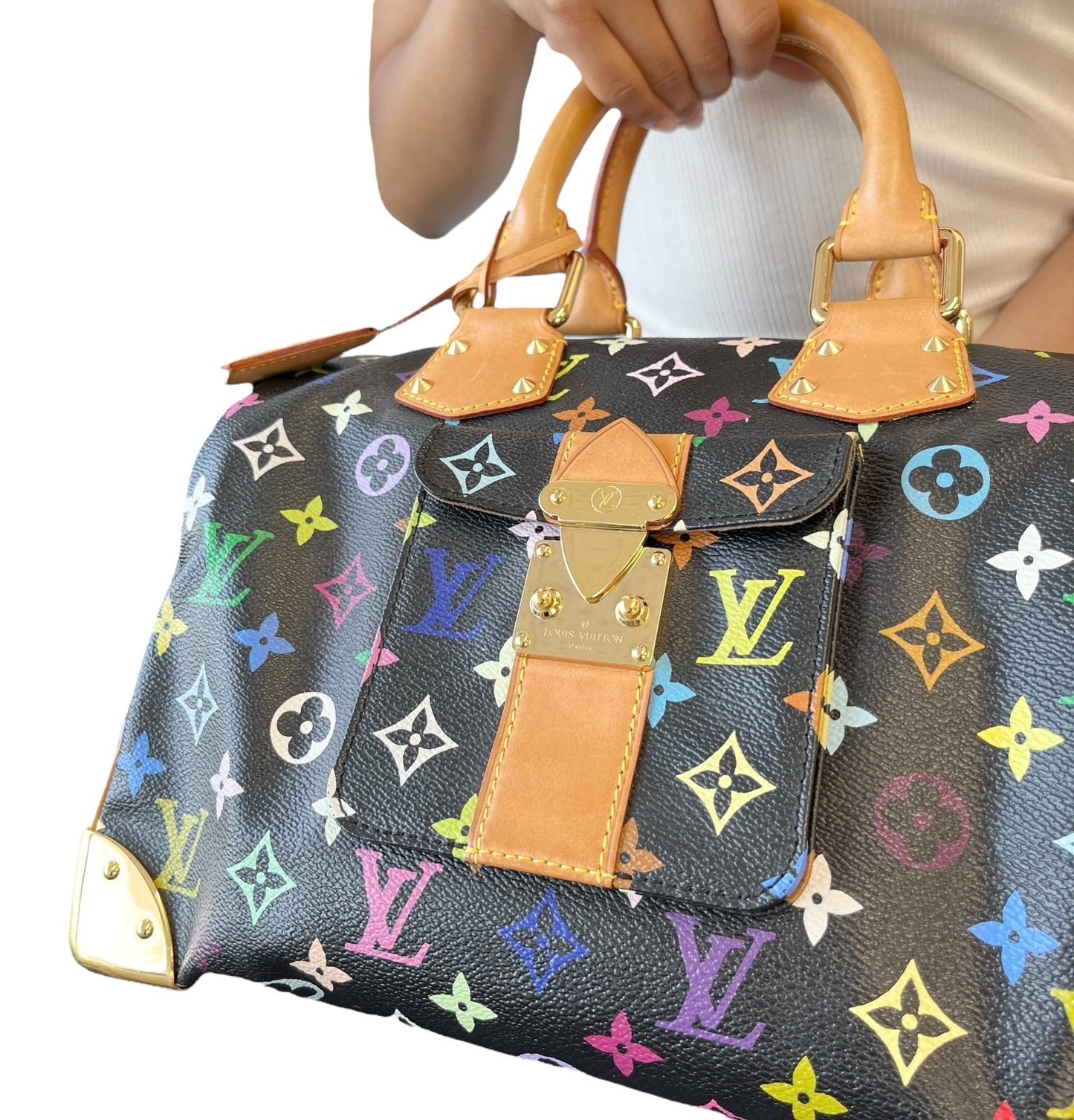 LOUIS VUITTON Vintage Monogram Multicolor Speedy 30 Handbag Black Camel Leather